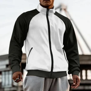 Men's Turtleneck Color Matching Zipper Raglan Sleeve Cardigan Jacket Coat